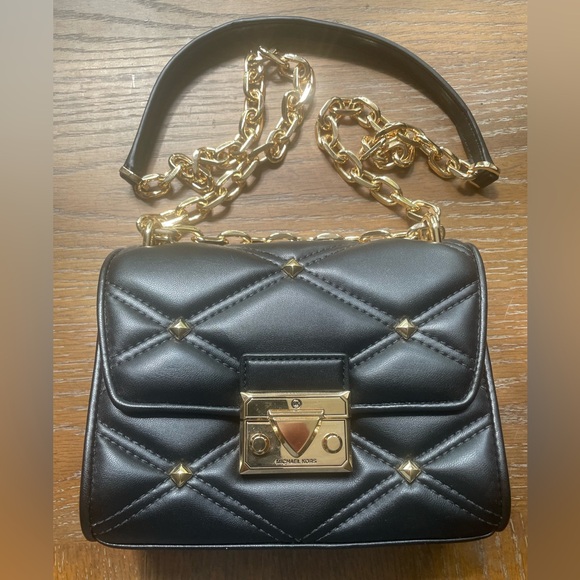 Michael Kors Serena Black Vegan Leather Quilted Mini Bag with Gold Chain - Picture 1 of 9